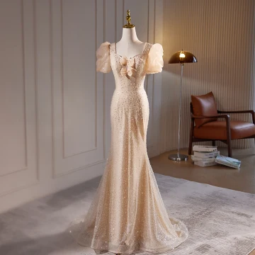 Fashion Champagne Beading Pearl Sequins Evening Dresses 2023 Trumpet Mermaid Square Neckline Puffy Short Sleeve Backless Floor Length Long Evening Party Formal Dresses