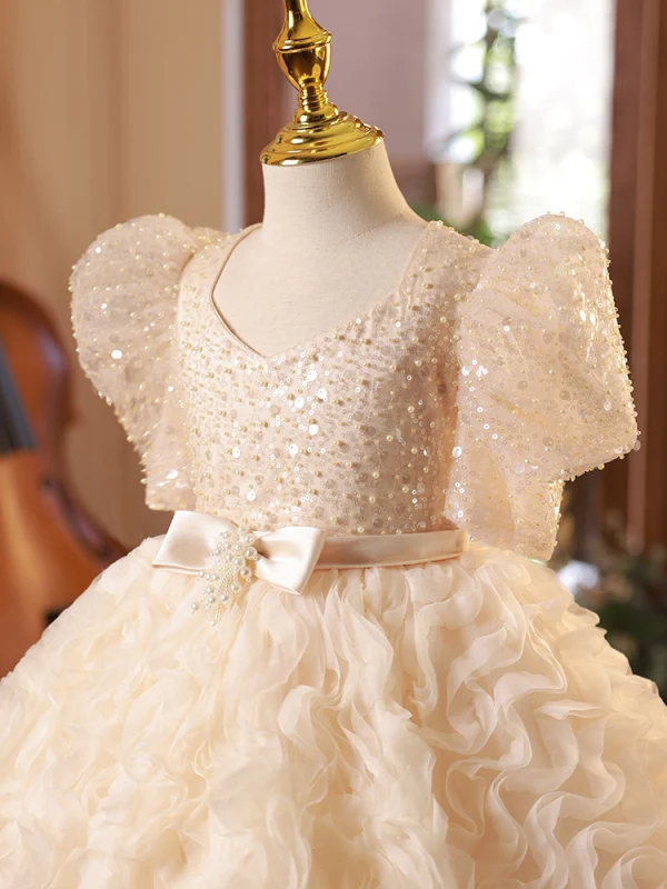 Bling Bling Champagne Beading Pearl Sequins Short Birthday Flower Girl Dresses 2024 Ball Gown Square Neckline Bow Sash Short Sleeve
