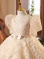 Bling Bling Champagne Beading Pearl Sequins Short Birthday Flower Girl Dresses 2024 Ball Gown Square Neckline Bow Sash Short Sleeve