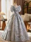 Elegant Grey Beading Sequins Lace Flower Prom Dresses 2025 Ball Gown V-Neck Short Sleeve Floor-Length / Long Prom Formal Dresses