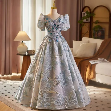 Elegant Grey Beading Sequins Lace Flower Prom Dresses 2025 Ball Gown V Neck Short Sleeve Floor Length Long Prom Formal Dresses