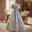 Elegant Grey Beading Sequins Lace Flower Prom Dresses 2025 Ball Gown V-Neck Short Sleeve Floor-Length / Long Prom Formal Dresses
