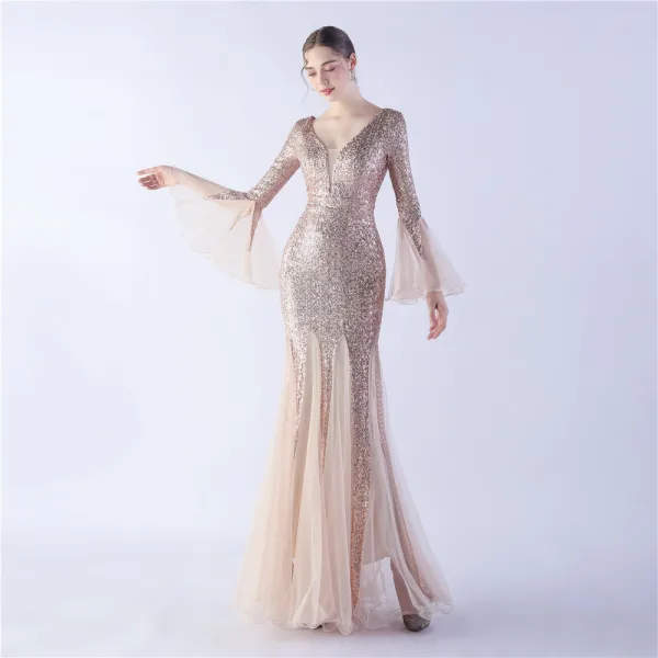 Sparkly Black Sequins Evening Dresses 2024 Trumpet Mermaid V-Neck Bell sleeves Backless