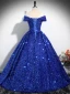 Sparkly Royal Blue Beading Sequins Prom Dresses 2024 Ball Gown Off-The-Shoulder Short Sleeve Backless Floor-Length / Long Prom Formal Dresses