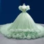 Luxe Vert Cendré Volants en Cascade Perlage Faux Diamant Paillettes Robe De Bal 2022 Robe Boule V-Cou Manches Courtes Dos Nu Royal Train Promo Robe De Ceremonie