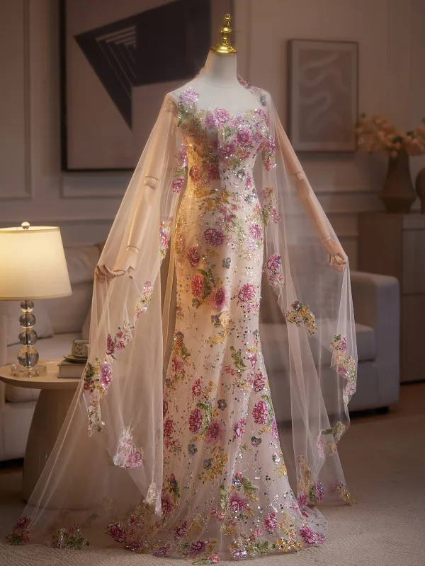 Flower Fairy Multi-Colors Beading Sequins Lace Flower Prom Dresses 2025 With Shawl Trumpet / Mermaid Strapless Sleeveless Backless Sweep Train Formal Dresses