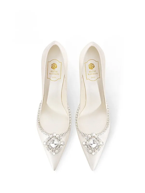 Eleganta Vita Pärla Rhinestone Läder Brudskor 2026 6 cm Stilettklackar Spetsiga Bröllop Pumps Högklackade
