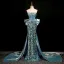 Sexy Glitzernden Blau Perlenstickerei Strass Pailletten Abendkleider 2025 Meerjungfrau Bandeau Ärmellos Rückenfreies Schleife Sweep / Pinsel Zug Abend