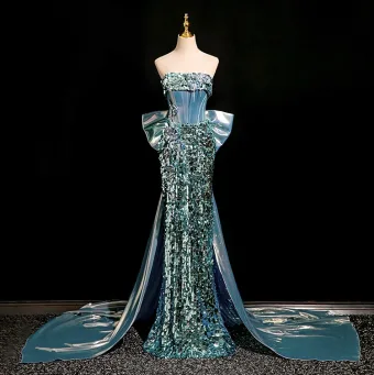 Sexy Glitzernden Blau Perlenstickerei Strass Pailletten Abendkleider 2025 Meerjungfrau Bandeau Ärmellos Rückenfreies Schleife Sweep Pinsel Zug Abend