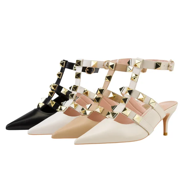 Romain Sexy Nues Soirée Rivet Chaussures Femmes 2022 T-Strap 6 cm Talons Aiguilles À Bout Pointu Talons Hauts