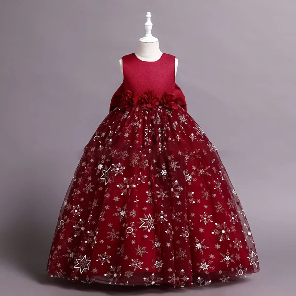 Chic / Belle Rose Bonbon Paillettes Appliques Anniversaire Robe Ceremonie Fille 2024 Robe Boule Encolure Dégagée Sans Manches Dos Nu Noeud Longue