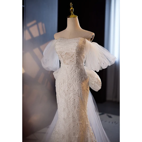 Vintage / Retro Ivory Beading Pearl Lace Flower Wedding Dresses 2024 Trumpet / Mermaid Off-The-Shoulder Short Sleeve Sweep Train
