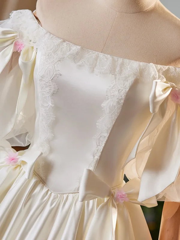 Vintage / Retro Ivory Satin Lace Flower Prom Dresses 2024 Ball Gown Off-The-Shoulder Bow Short Sleeve Backless Floor-Length / Long Prom Formal Dresses