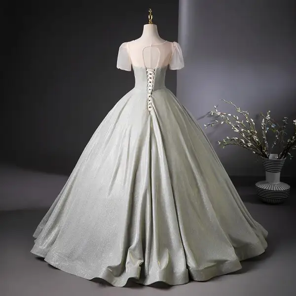 Chic / Beautiful Silver Glitter Prom Dresses 2024 Ball Gown V-Neck Short Sleeve Backless Floor-Length / Long Prom Formal Dresses