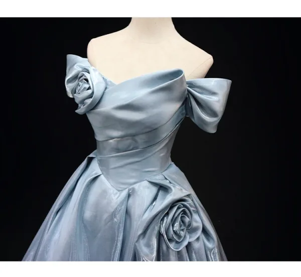 Fashion Sky Blue Ball Gown Prom Dresses 2025 Off-The-Shoulder Short Sleeve Backless Sweep Train Prom Formal Dresses