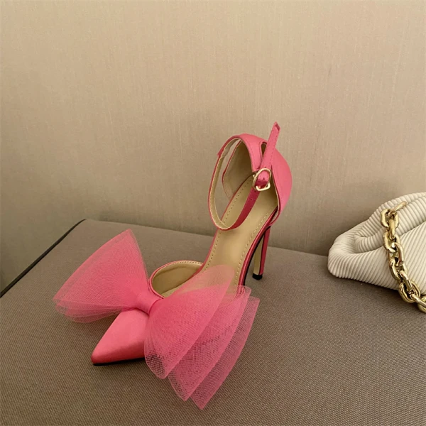 Charmant Fushia Soirée Été Sandales Femme 2022 11 cm Talons Aiguilles Bride Cheville Noeud À Bout Pointu Sandales Talons Hauts