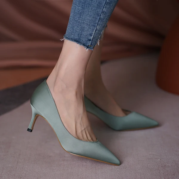 Modest / Simple Green Office OL Pumps 2023 Satin 6 cm Stiletto Heels Pointed Toe Pumps High Heels