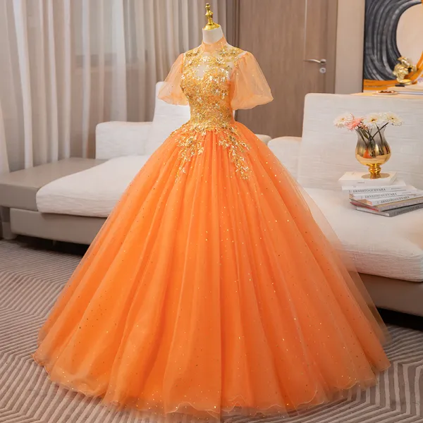 Veaul Elegant Orange Beading Sequins Prom Dresses 2024 Ball Gown High Neck Short Sleeve Long