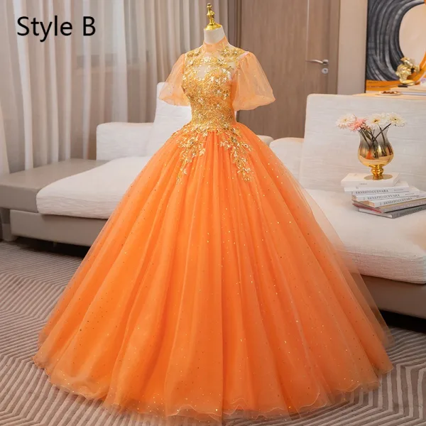 Chic / Beautiful Ocean Blue Sequins Prom Dresses 2024 Ball Gown V-Neck Bell sleeves Backless Floor-Length / Long Tulle Prom Formal Dresses