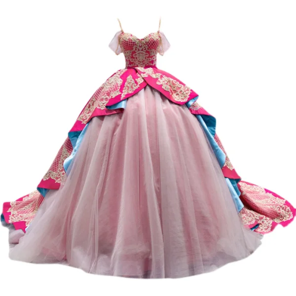 Fancy Fuchsia Multi-Colors Prom Dresses 2022 Ball Gown Spaghetti Straps Sleeveless Backless Beading Lace Flower Sequins Satin Chapel Train Formal Dresses