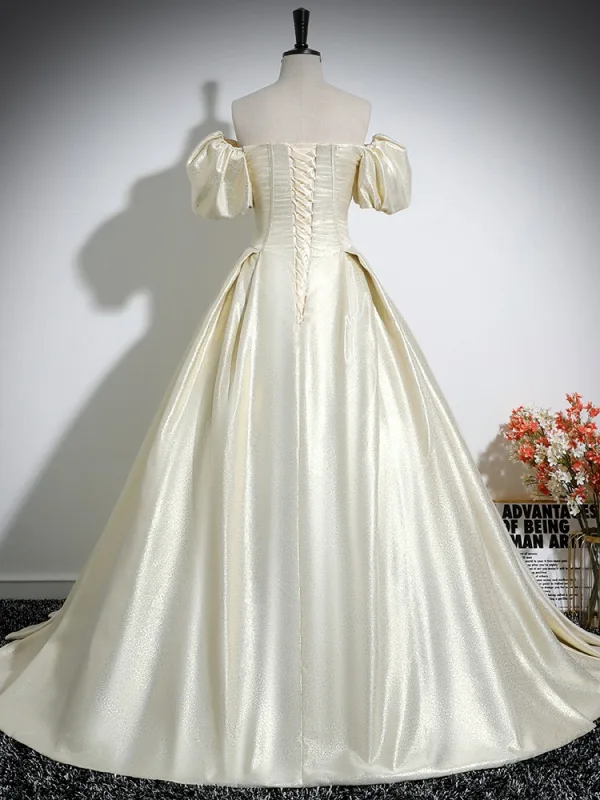 Elegant Champagne Satin Prom Dresses 2024 Ball Gown Off-The-Shoulder Short Sleeve Backless Floor-Length / Long Prom Formal Dresses