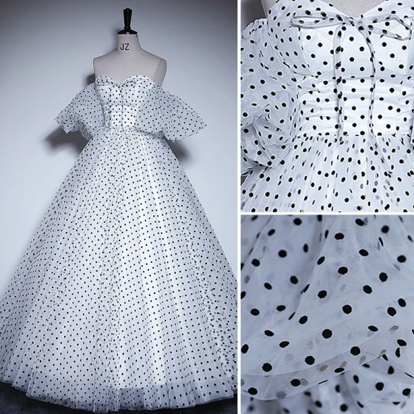 Fashion White Spotted Prom Dresses 2023 A-Line / Princess Off-The-Shoulder Short Sleeve Backless Floor-Length / Long Prom Formal Dresses