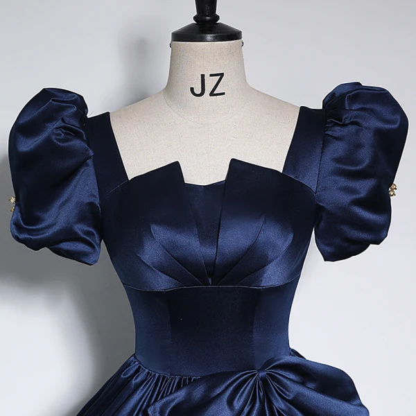 Vintage / Retro Navy Blue Satin Prom Dresses 2023 Ball Gown Square Neckline Short Sleeve Backless Bow Floor-Length / Long Prom Formal Dresses