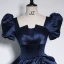 Vintage / Retro Navy Blue Satin Prom Dresses 2023 Ball Gown Square Neckline Short Sleeve Backless Bow Floor-Length / Long Prom Formal Dresses