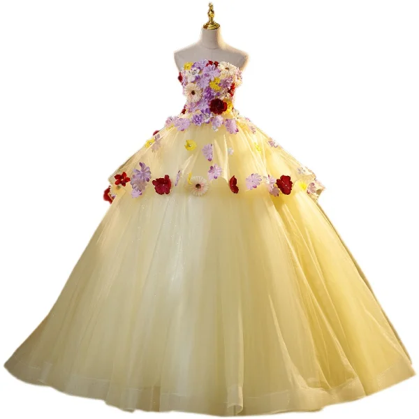 Elegant Yellow Rhinestone Appliques Cascading Ruffles Prom Dresses 2023 Ball Gown Strapless Sleeveless Backless Floor-Length / Long Prom Formal Dresses