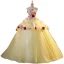Elegant Yellow Rhinestone Appliques Cascading Ruffles Prom Dresses 2023 Ball Gown Strapless Sleeveless Backless Floor-Length / Long Prom Formal Dresses