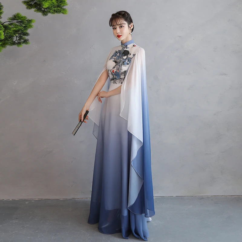 Vintage Retro Chinese Style Gradient-Color Ocean Blue Prom Dresses 2023 A-Line Princess