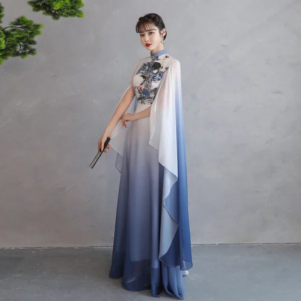 Vintage / Retro Chinese style Gradient-Color Ocean Blue Prom Dresses 2023 A-Line / Princess High Neck Short Sleeve Appliques Floor-Length / Long Prom Formal Dresses