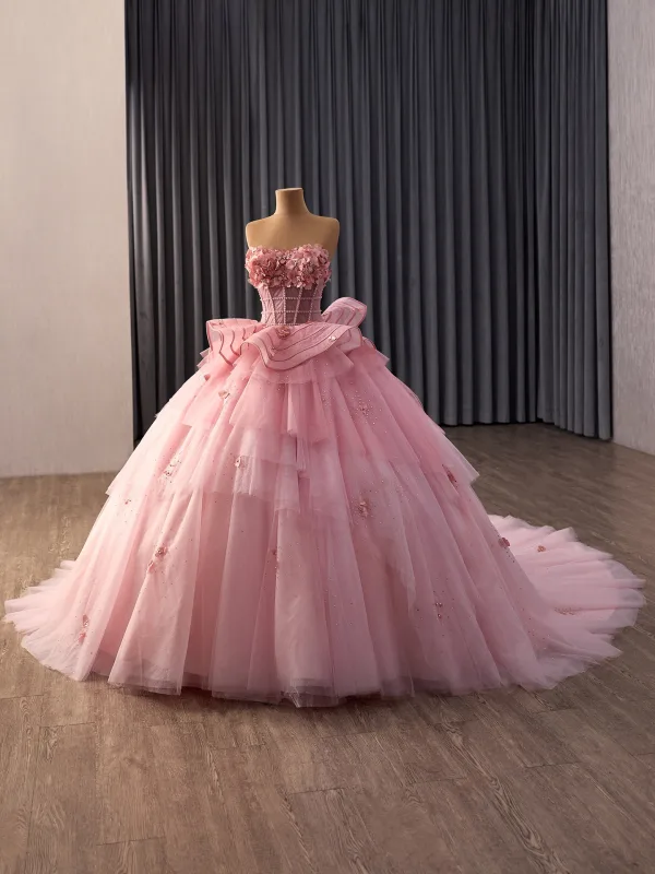Luxury / Gorgeous Blushing Pink Handmade  Appliques Sequins Pearl Cascading Ruffles Prom Dresses 2026 Ball Gown Strapless Sleeveless Backless Chapel Train Prom Formal Dresses