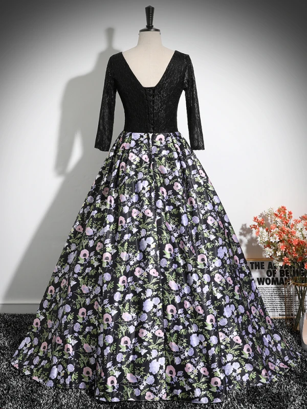 Vintage / Retro Black Printing Prom Dresses 2024 Ball Gown Scoop Neck Long Sleeve Backless Floor-Length / Long Prom Formal Dresses
