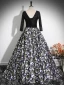 Vintage / Retro Black Printing Prom Dresses 2024 Ball Gown Scoop Neck Long Sleeve Backless Floor-Length / Long Prom Formal Dresses
