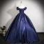 Vintage / Retro Navy Blue Prom Dresses 2025 Ball Gown Off-The-Shoulder Short Sleeve Backless Floor-Length / Long Prom Formal Dresses