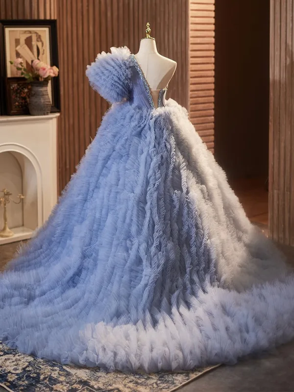 Fashion Sky Blue Cascading Ruffles Rhinestone Prom Dresses 2024 Ball Gown One-Shoulder Short Sleeve Backless Sweep Train Prom Formal Dresses