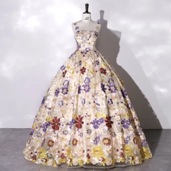 Fantaisie Champagne En Dentelle Fleur Robe De Bal 2022 Robe Boule Encolure Carrée Sans Manches Dos Nu Longue Robe De Ceremonie