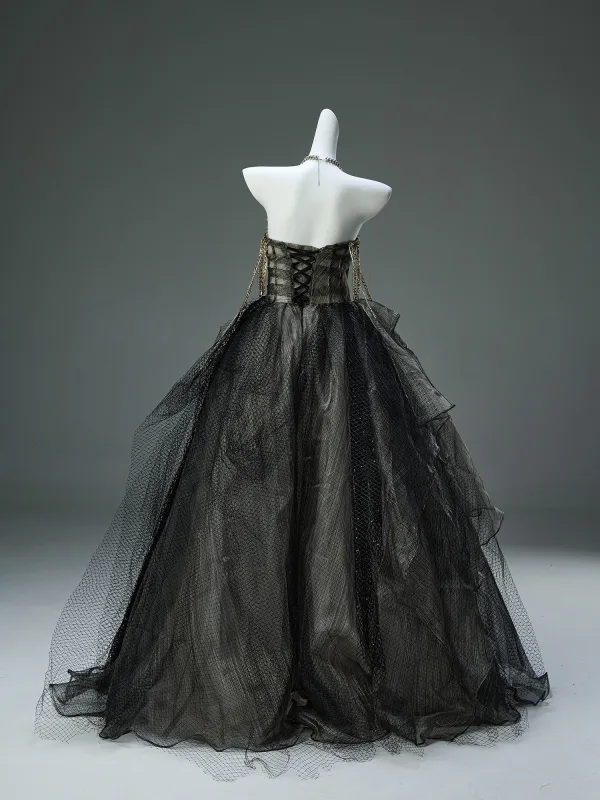 Luxury / Gorgeous Black Rhinestone Prom Dresses 2025 Ball Gown Strapless Sleeveless Backless Floor-Length / Long Formal Dresses