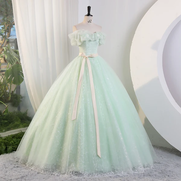 Chic / Beautiful Sage Green Pearl Appliques Prom Dresses 2023 Ball Gown Strapless Sleeveless Backless Bow Sash Floor-Length / Long Prom Formal Dresses