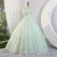 Chic / Beautiful Sage Green Pearl Appliques Prom Dresses 2023 Ball Gown Strapless Sleeveless Backless Bow Sash Floor-Length / Long Prom Formal Dresses