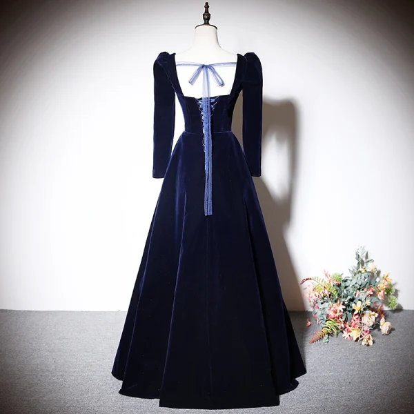 Vintage / Retro Navy Blue Suede Evening Dresses 2023 A-Line / Princess Square Neckline Long Sleeve Backless Bow Floor-Length / Long Evening Party Formal Dresses