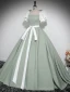 Fashion Sage Green Prom Dresses 2024 Ball Gown Square Neckline Puffy Short Sleeve Backless Bow Sash Floor-Length / Long Prom Formal Dresses