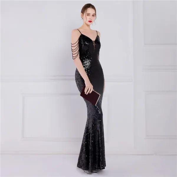 Scintillantes Blanche Laser Paillettes Robe De Soirée 2022 Trompette / Sirène Bretelles Spaghetti Sans Manches Dos Nu Perlage Longue Soirée Robe De Ceremonie