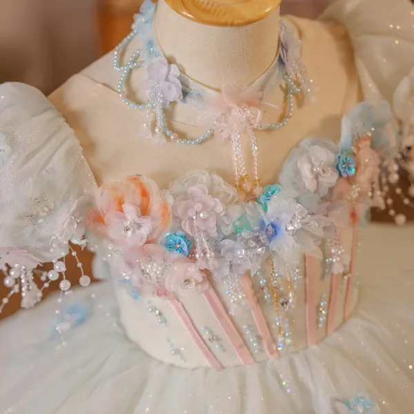 Blumenfee Himmelblau Perlenstickerei Perle Applikationen Pailletten Fallende Rüsche Geburtstag Blumenmädchenkleider 2025 Ballkleid Eckiger Ausschnitt Geschwollenes Kurze Ärmel Rückenfreies Lange