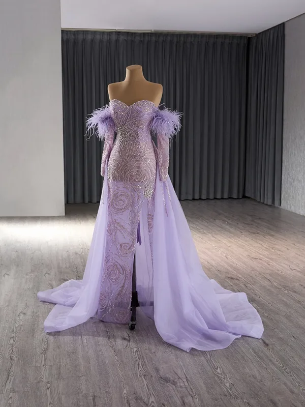 Haut de Gamme Lavande Fait main Perlage Faux Diamant Paillettes Robe De Bal 2024 Trompette / Sirène De l'épaule Gland 1/2 Manches Dos Nu Train De Balayage Promo