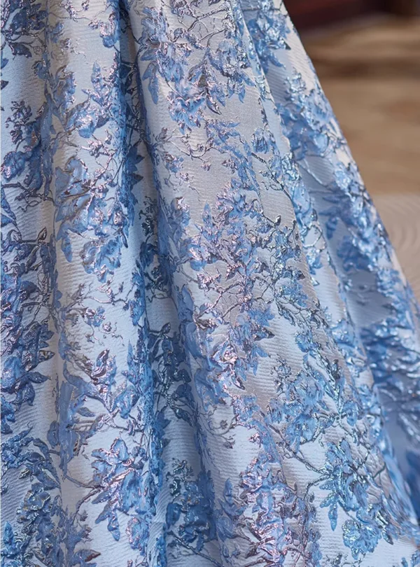 Chic / Beautiful Sky Blue Beading Sequins Lace Flower Prom Dresses 2024 Ball Gown Off-The-Shoulder Puffy Short Sleeve Backless Floor-Length / Long Prom Formal Dresses