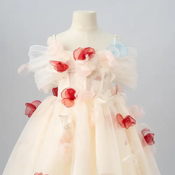 Lovely Champagne Appliques Birthday Flower Girl Dresses 2025 A-Line / Princess Off-The-Shoulder Short Sleeve Backless Floor-Length / Long Flower Girl Dresses