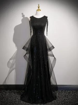 Charmant Noire Perlage Paillettes Robe De Soirée 2026 Princesse Encolure Dégagée Sans Manches Longue Robe De Ceremonie