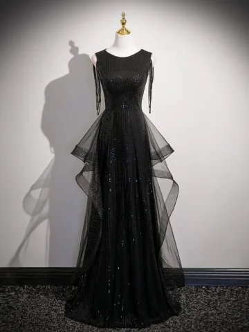 Charmant Noire Perlage Paillettes Robe De Soirée 2026 Princesse Encolure Dégagée Sans Manches Longue Robe De Ceremonie